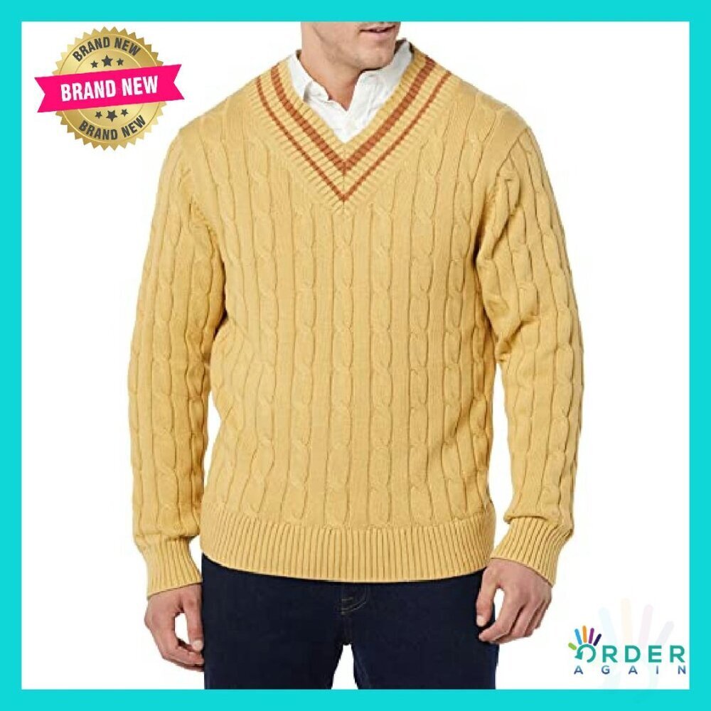 Men's Cable Knit V-Neck Sweater Classic Minimal Preppy Layering Essential - Picture 5 of 8